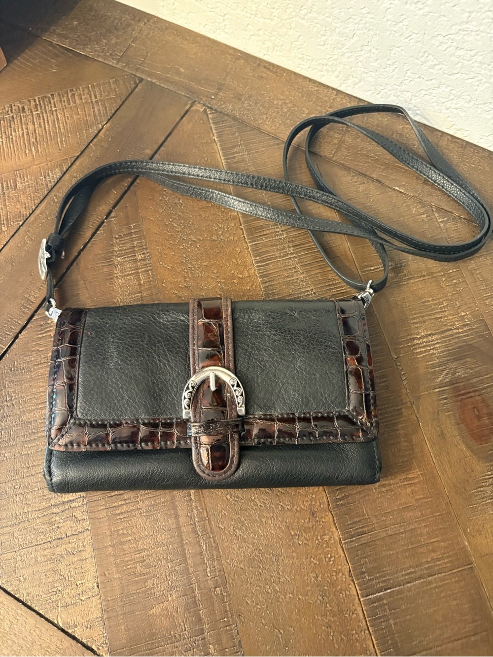 Brighton Black Crossbody with Brown Croc-Embossed Trim